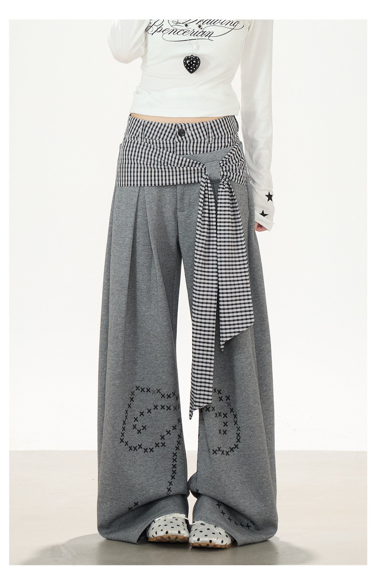 Plaid Tie-Panel Wide-Leg Sweatpants