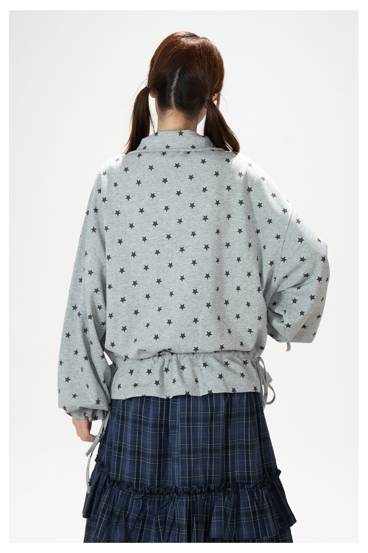 Allover Star Zip-Up Sweatshirt Jacket & Blue Plaid Tiered Midi Skirt