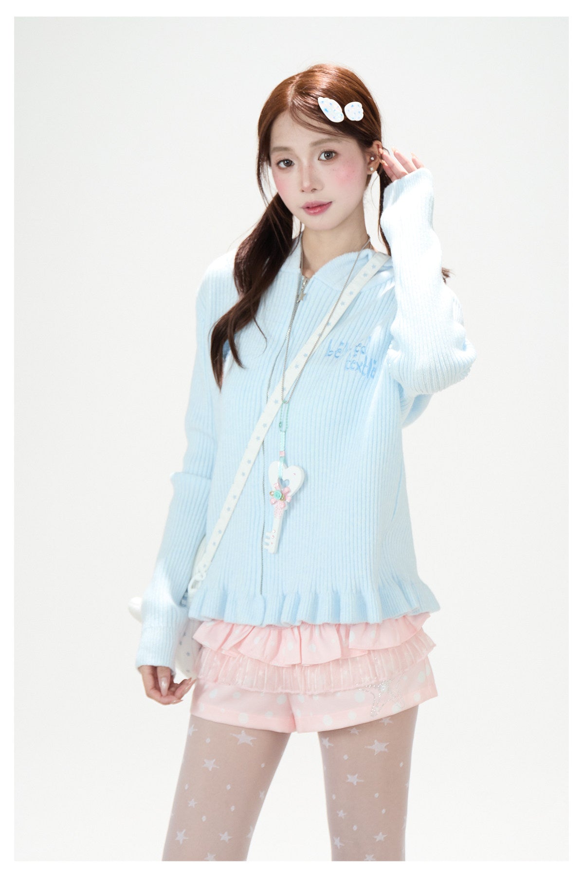 Cat-Ear Hooded Knit Zip Cardigan & Pink Ruffle Shorts