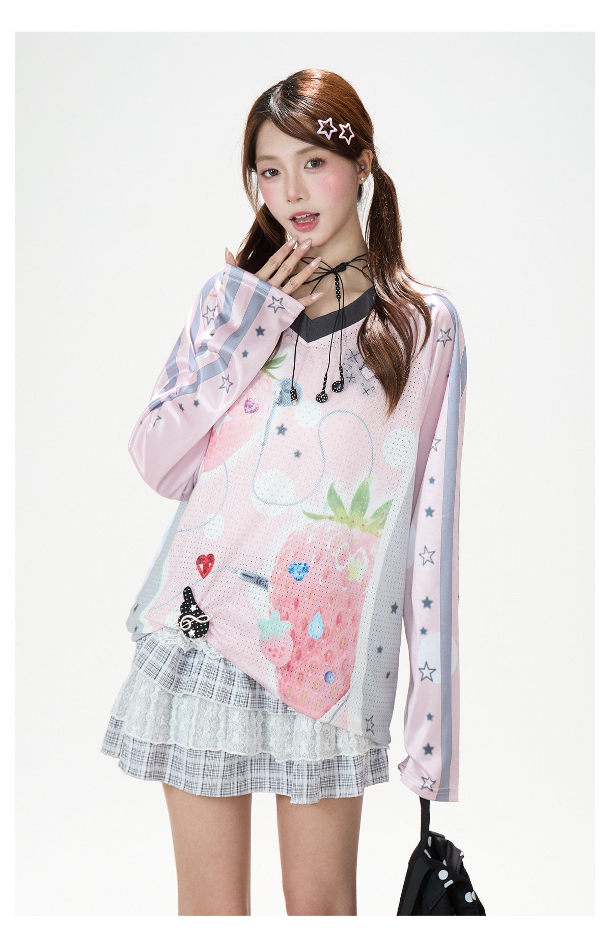 Strawberry Star Mesh V-Neck Long Sleeve Jersey Top