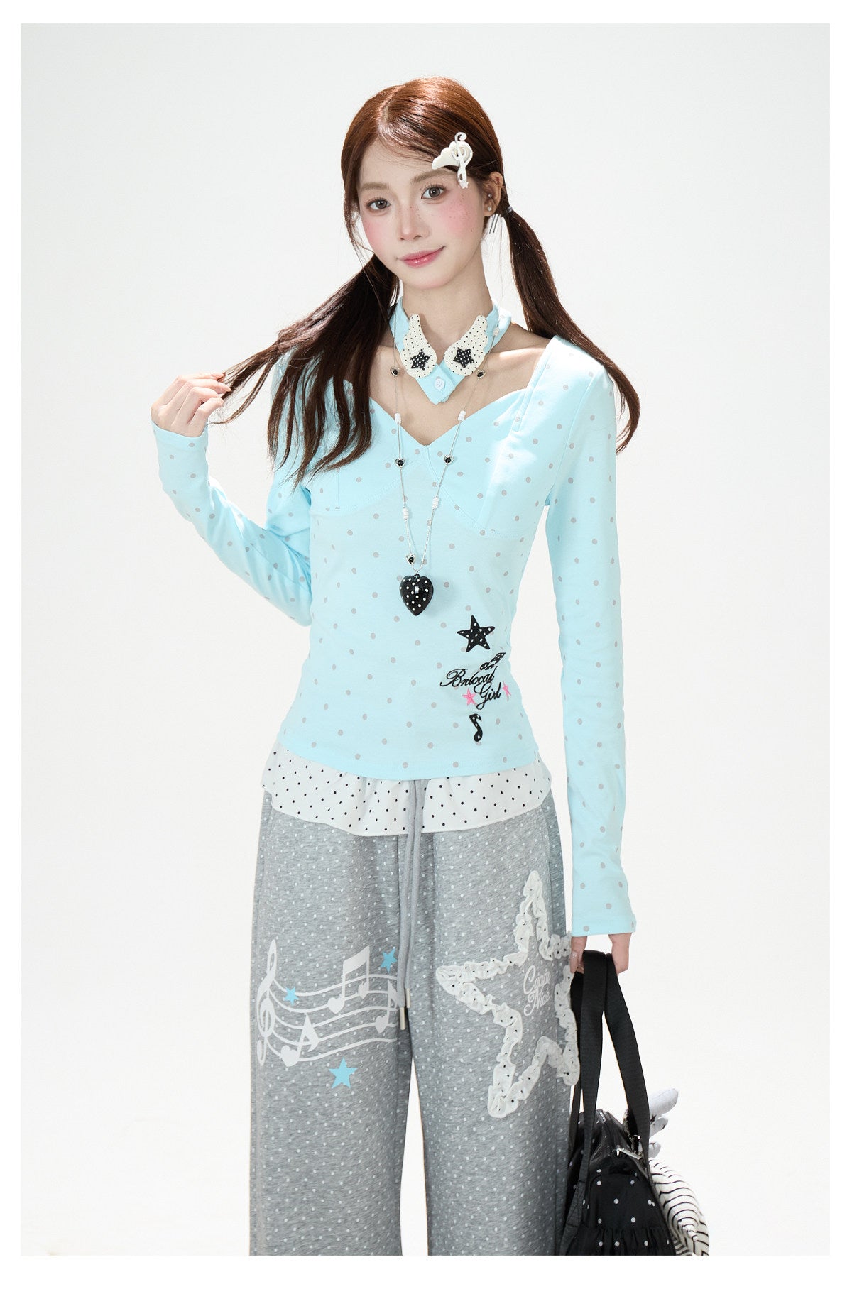Polka-Dot V-Neck Long Sleeve Top & Lace Star Wide-Leg Pants