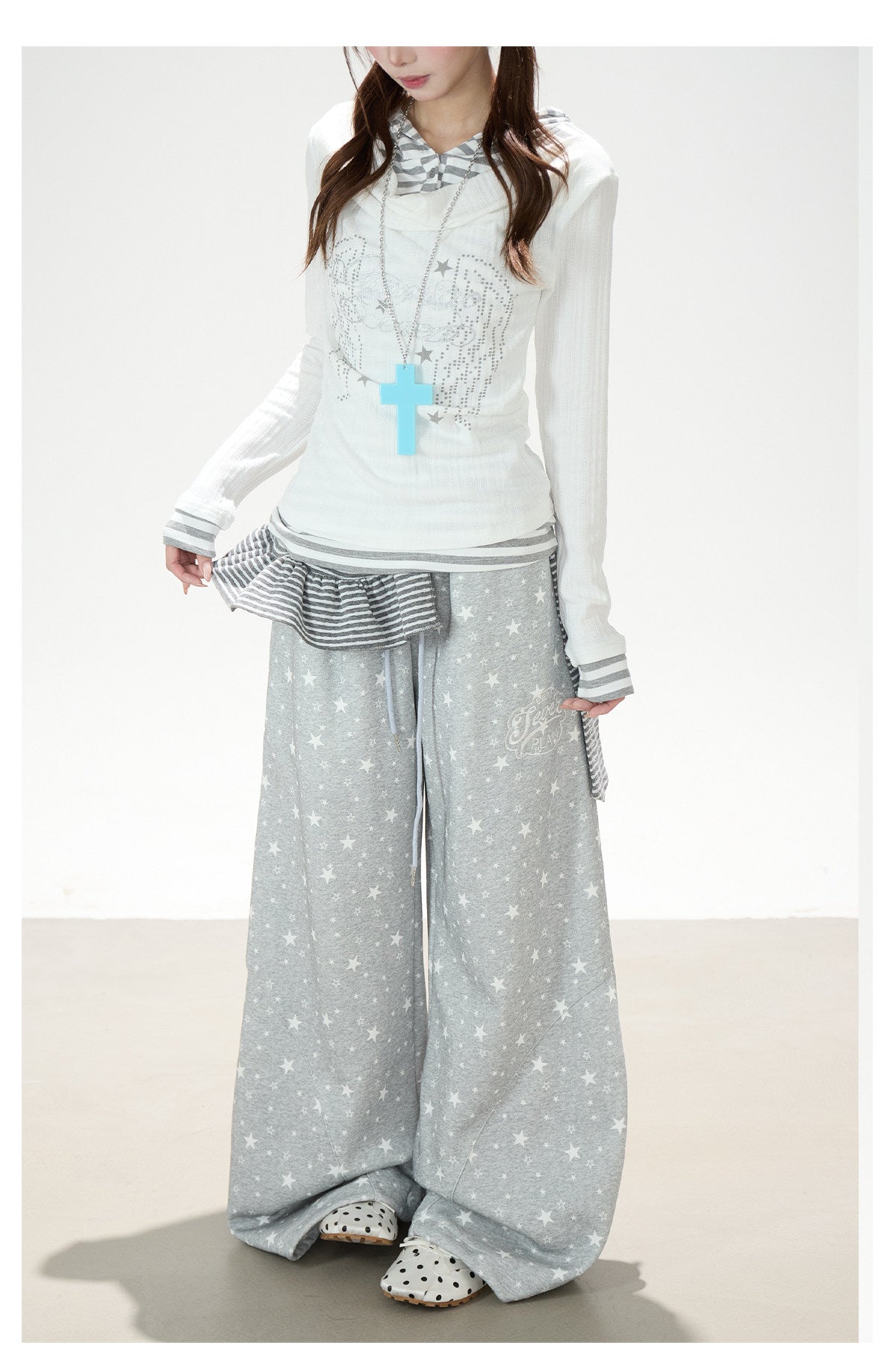 Cowl-Neck Hooded Layered Long Sleeve Top & Gray Wide-Leg Pants