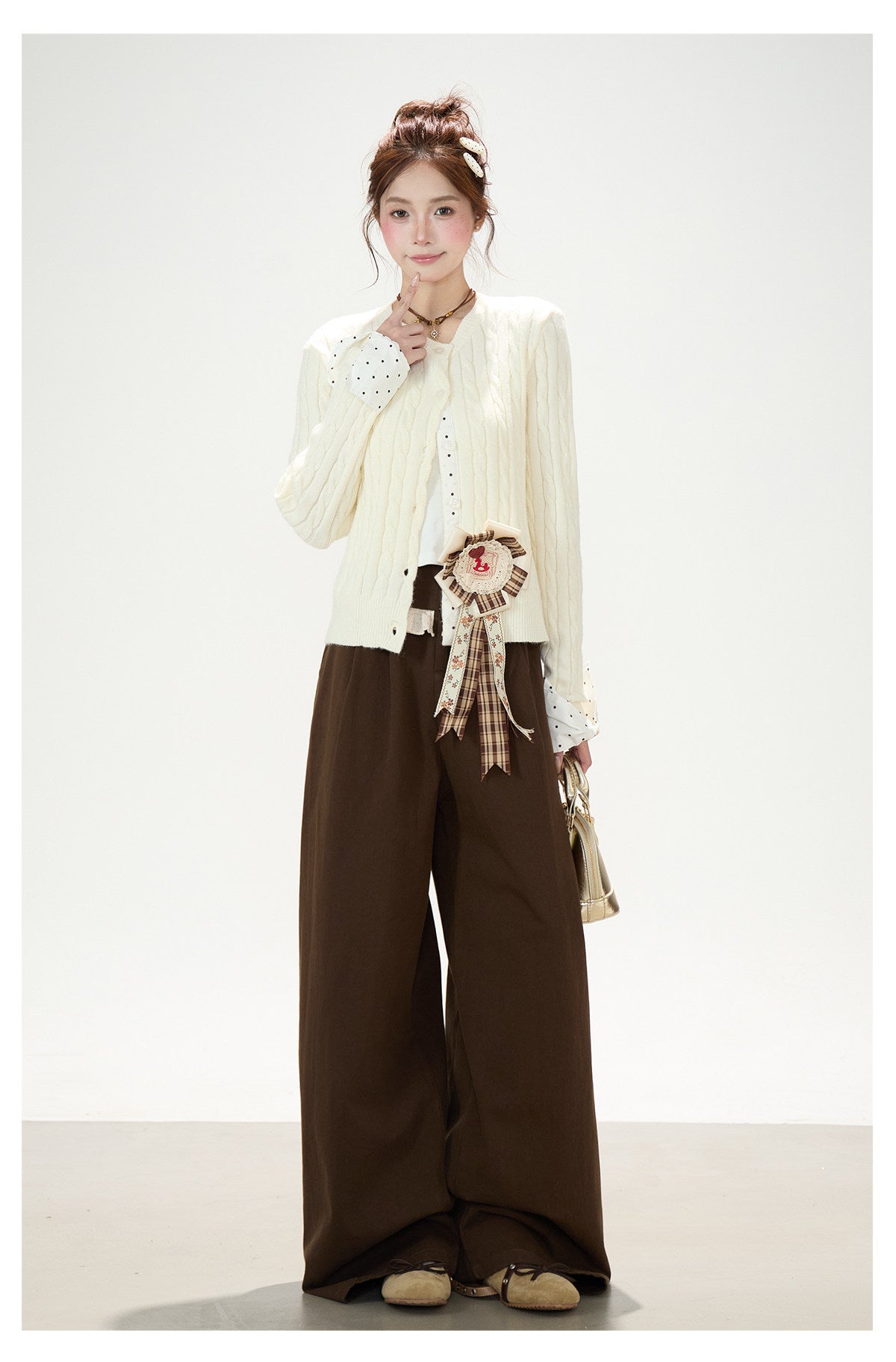 Polka-Dot Bow Knit Cardigan & Black Pinstripe Wide-Leg Pants