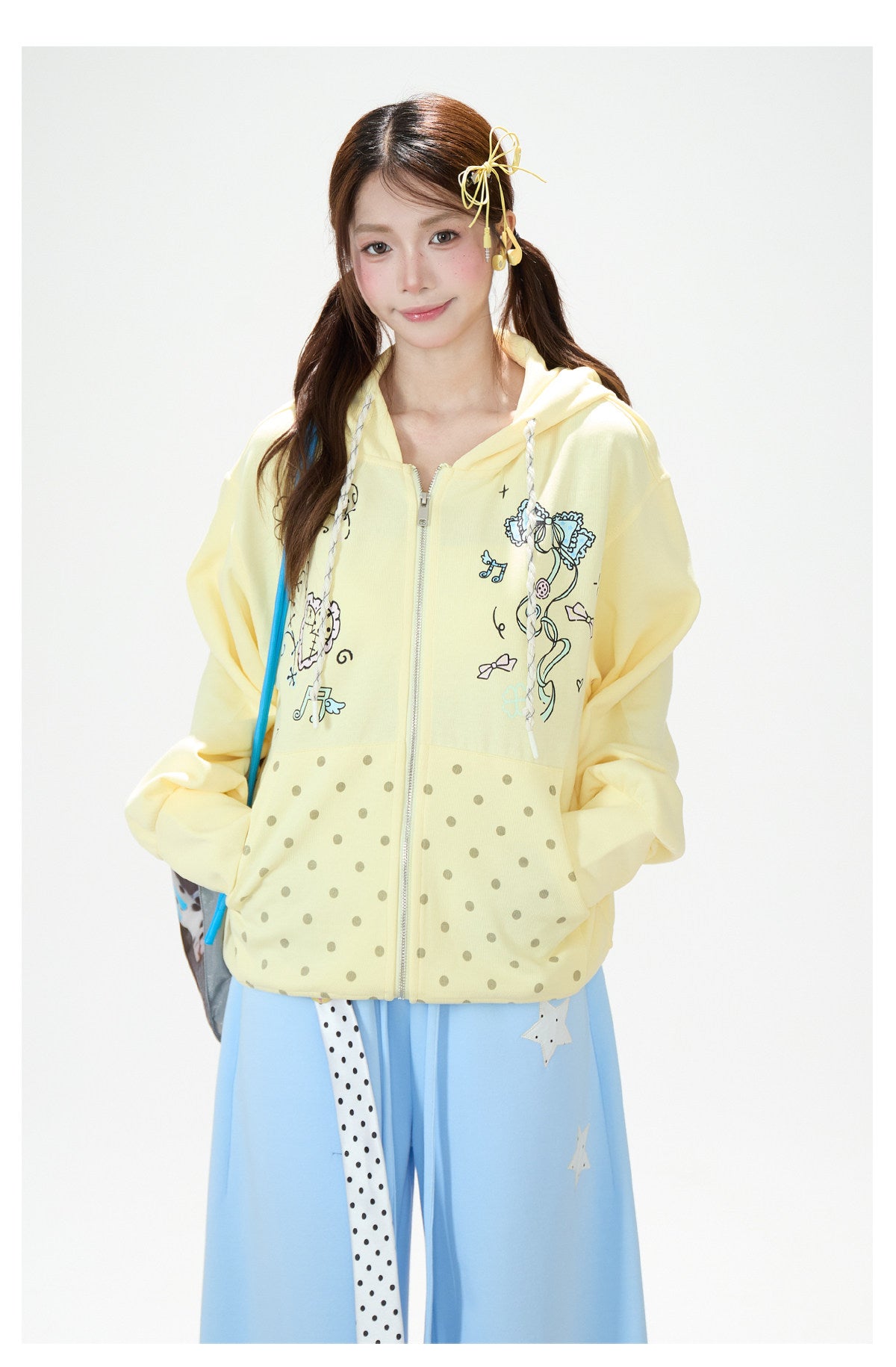 Bow Music Note Polka-Dot Zip-Up Hoodie & Blue Star Wide-Leg Pants