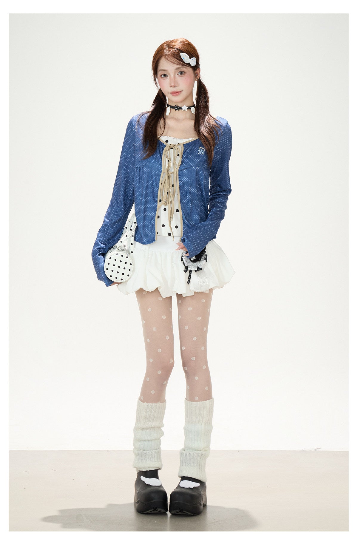 Polka-Dot Tie-Front Layered Long Sleeve Top & Pinstripe Button Wide-Leg Pants