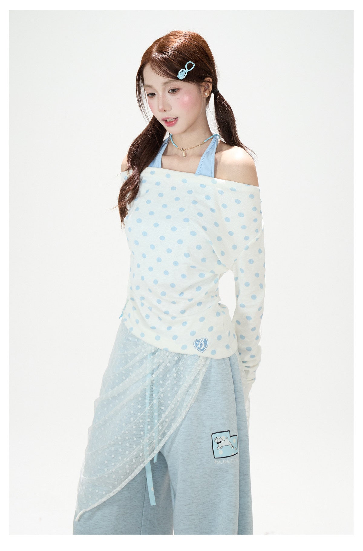 Polka-Dot Off-Shoulder Layered Long Sleeve Top & Blue Wide-Leg Pants