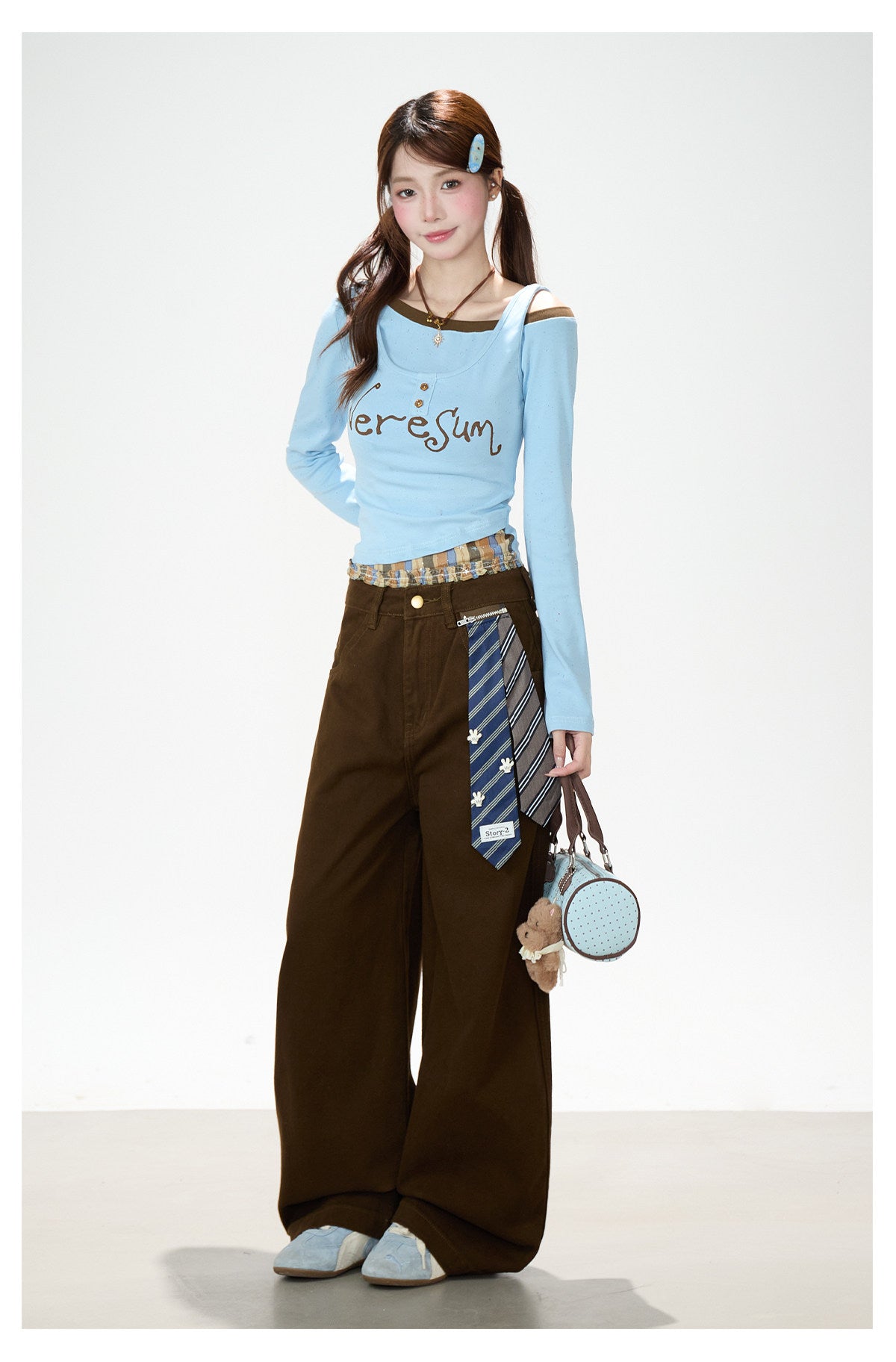 Letter Print Layered Long Sleeve Top & Star Patch Wide-Leg Jeans