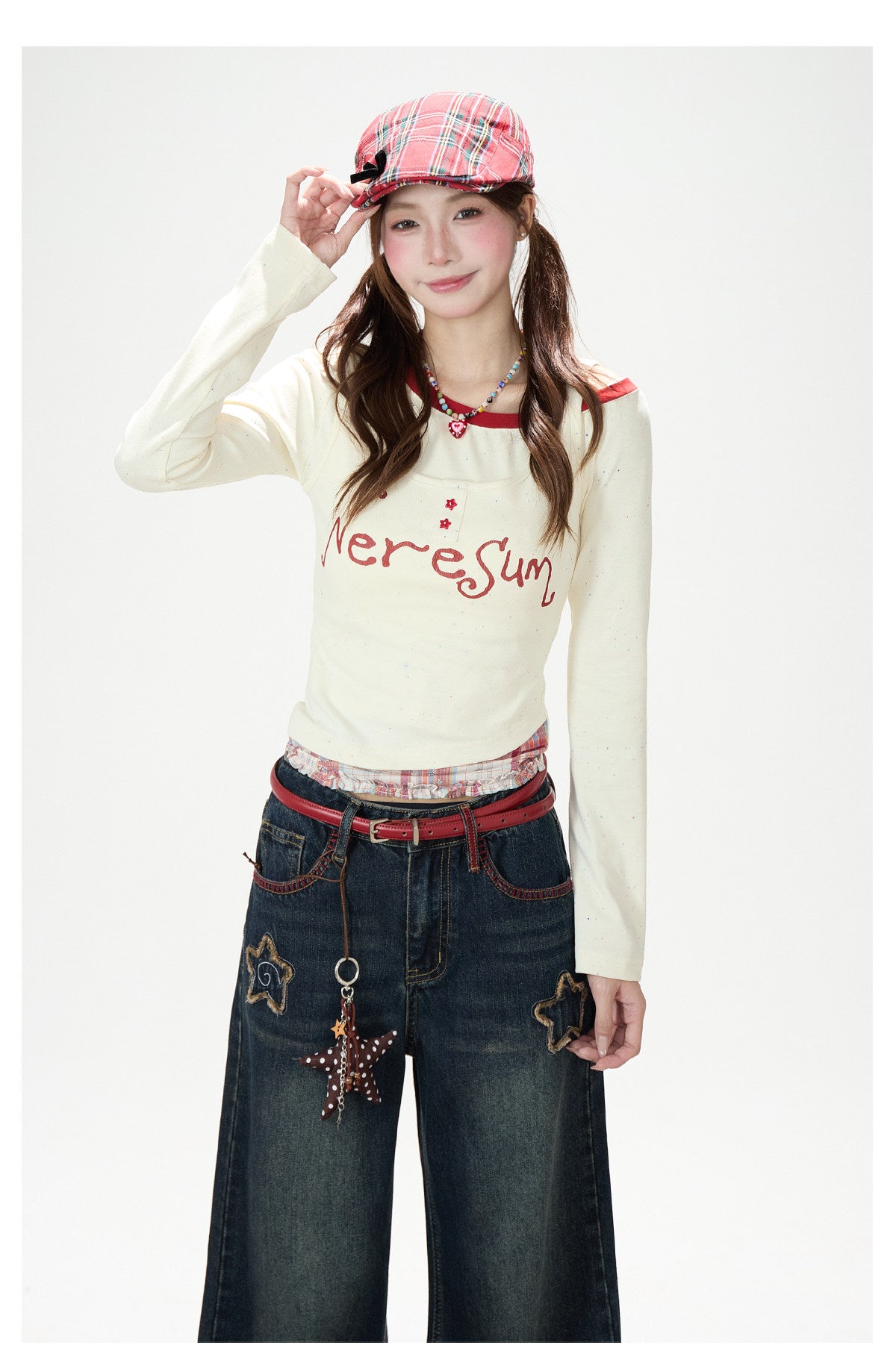 Letter Print Layered Long Sleeve Top & Star Patch Wide-Leg Jeans