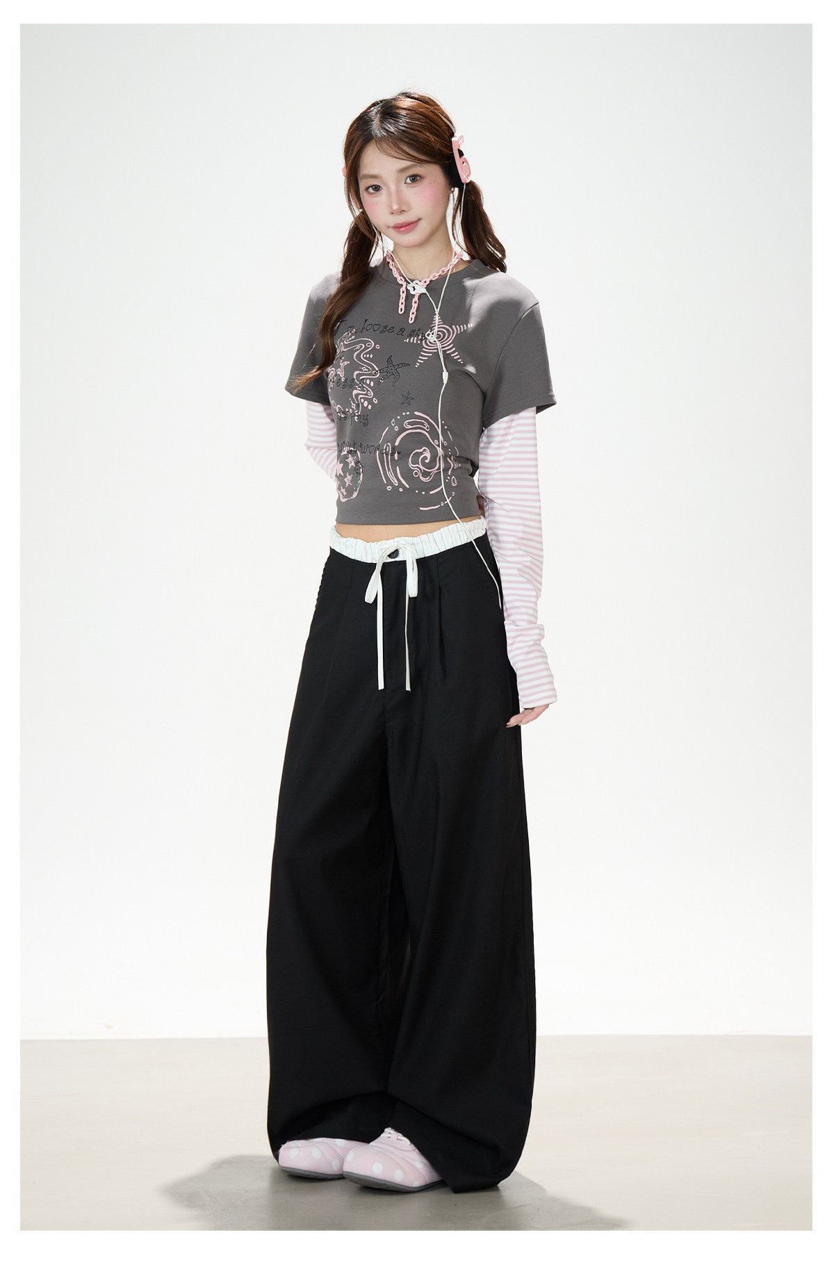 Graffiti Layered Long Sleeve Top & Black Wide-Leg Pants