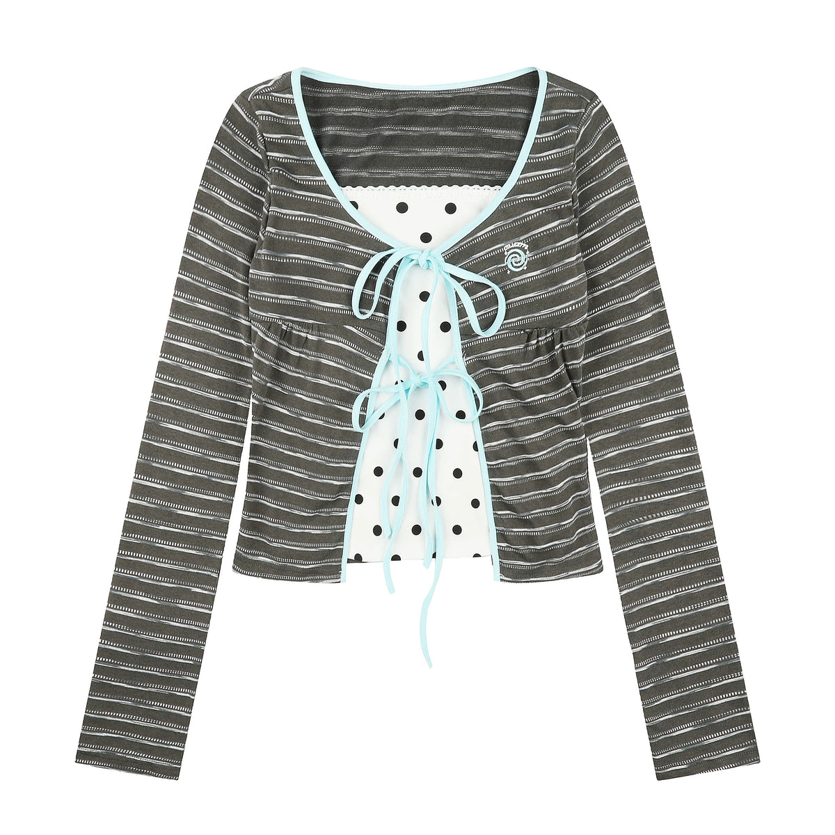 Polka-Dot Tie-Front Layered Long Sleeve Top & Pinstripe Button Wide-Leg Pants