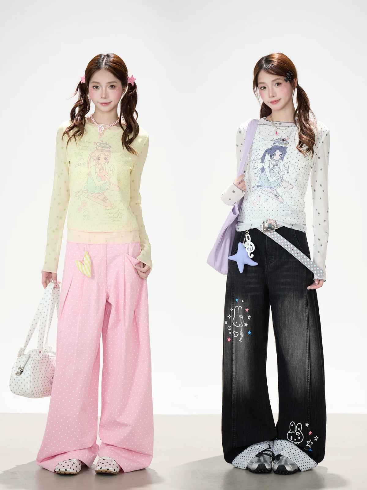 Anime Star Polka-Dot Mesh Long Sleeve Top & Bunny Graphic Wide-Leg Jeans