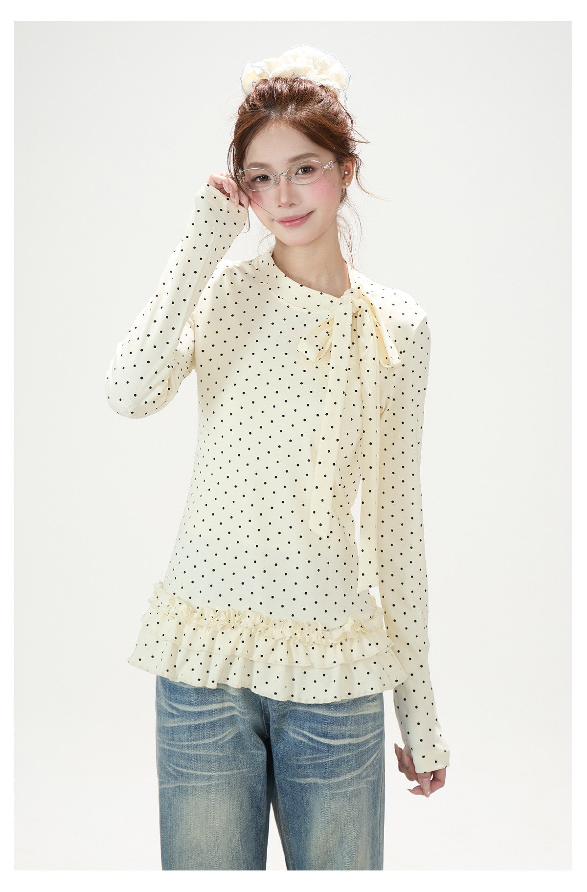 Polka-Dot Bow Ruffle-Hem Long Sleeve Top & Washed Flare Jeans