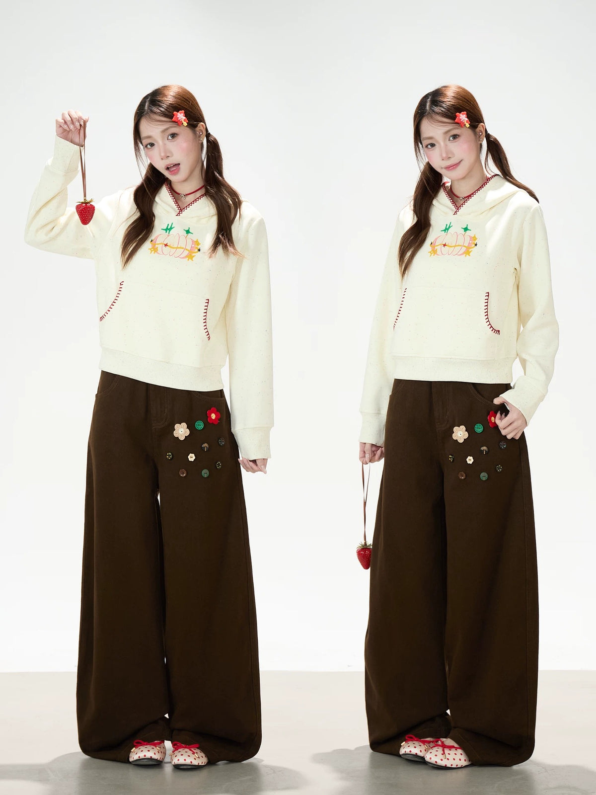 Apple Embroidered Hoodie & Floral Wide-Leg Sweatpants