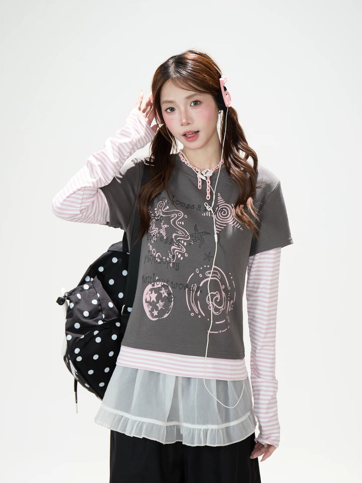 Graffiti Layered Long Sleeve Top & Black Wide-Leg Pants
