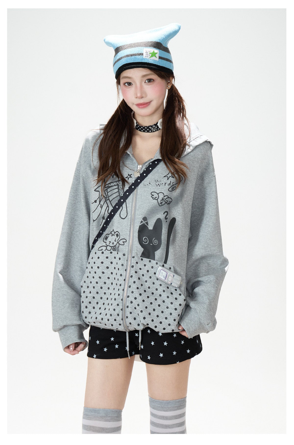 Cartoon Polka-Dot Zip-Up Hoodie & Star Print Shorts