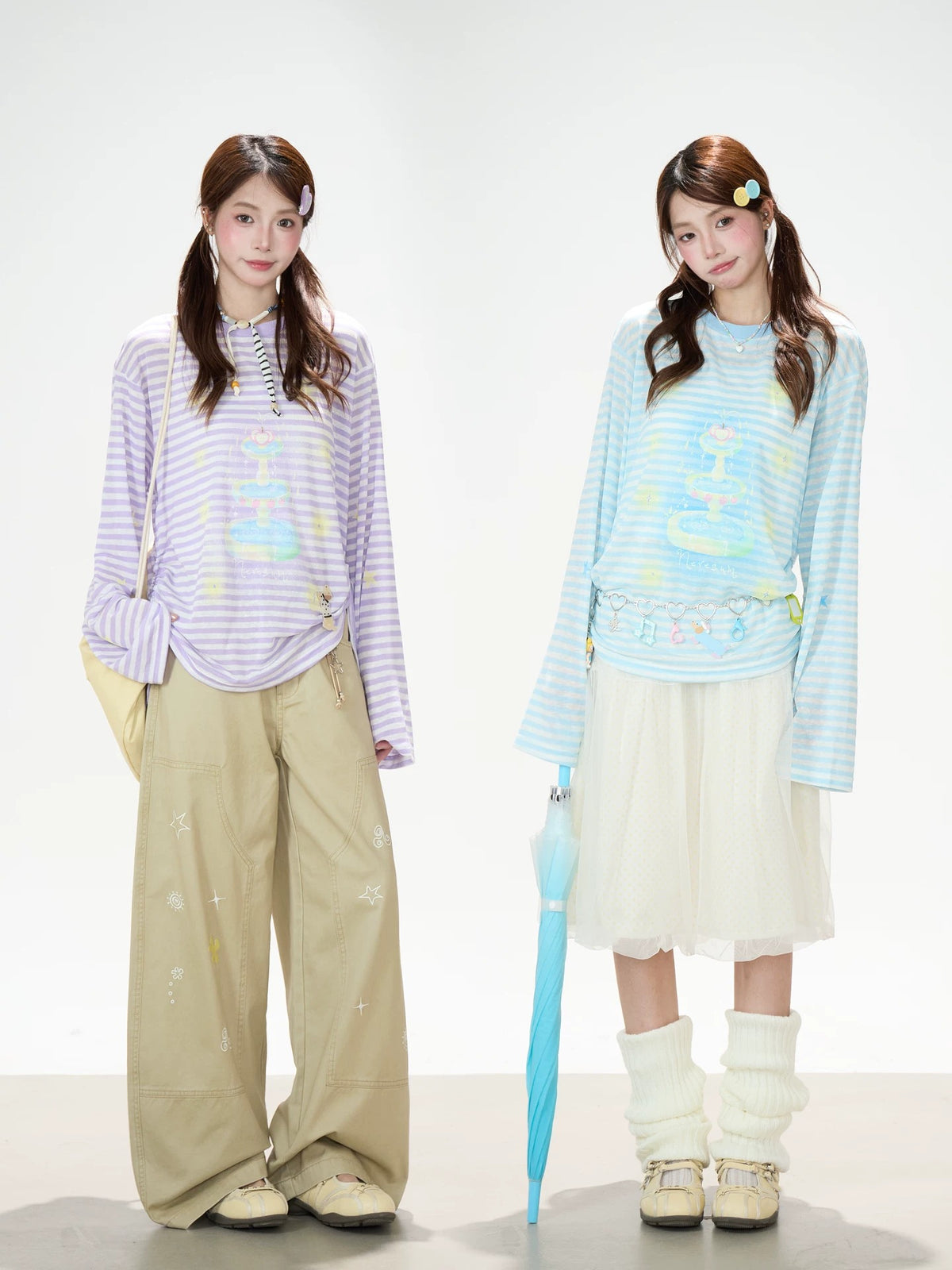 Pastel Stripe Cartoon Drawstring Long Sleeve Top & Khaki Wide-Leg Pants