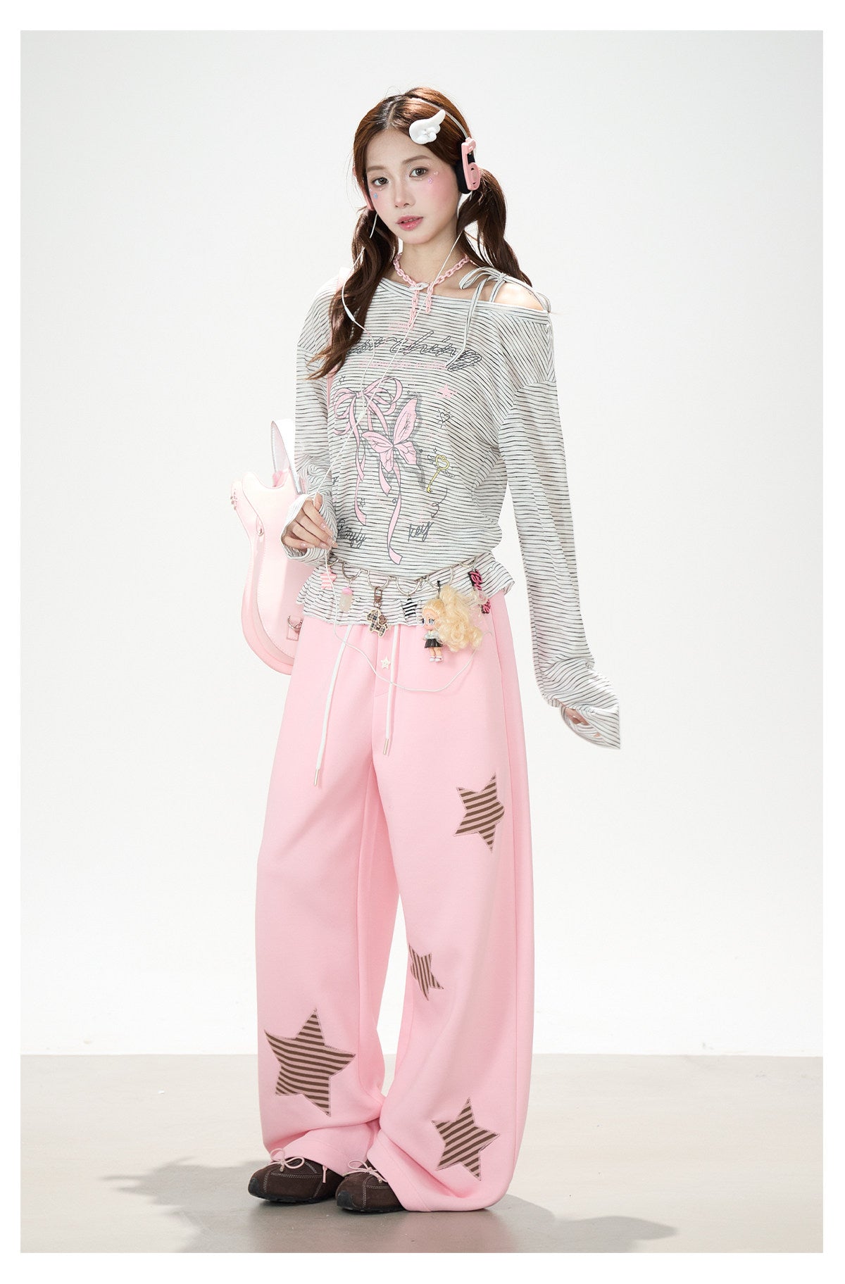 Bow Stripe Off-Shoulder Long Sleeve Top & Pink Wide-Leg Pants