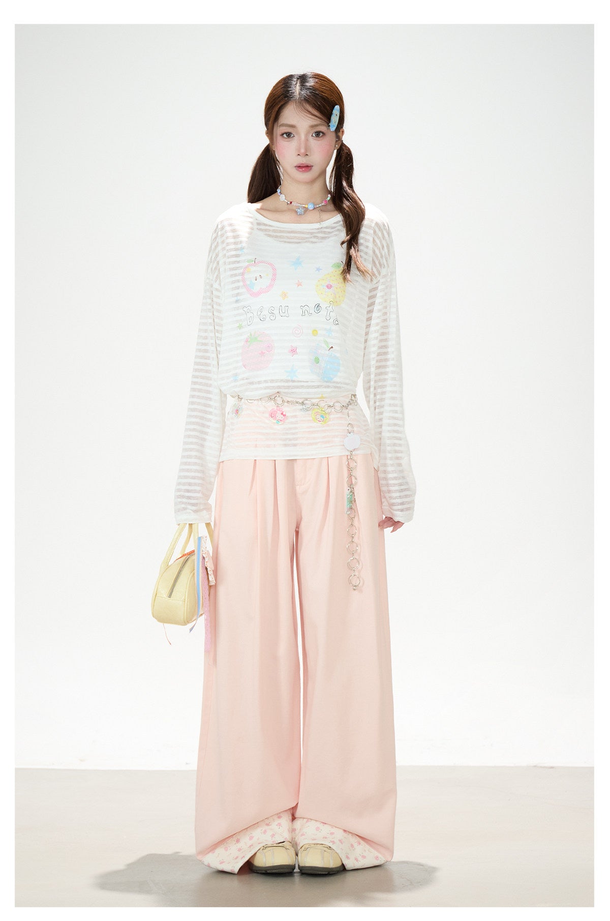 Playful Stripe Graphic Sheer Long Sleeve Top & Pink Wide-Leg Pants