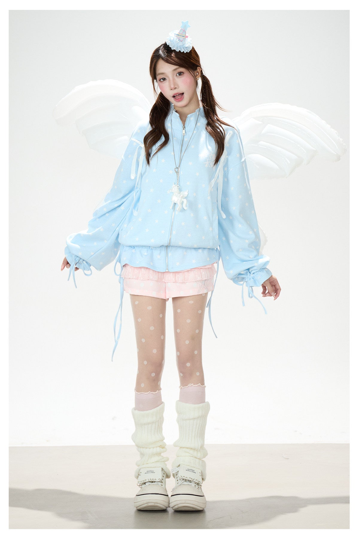 Allover Star Zip-Up Sweatshirt Jacket & Blue Plaid Tiered Midi Skirt