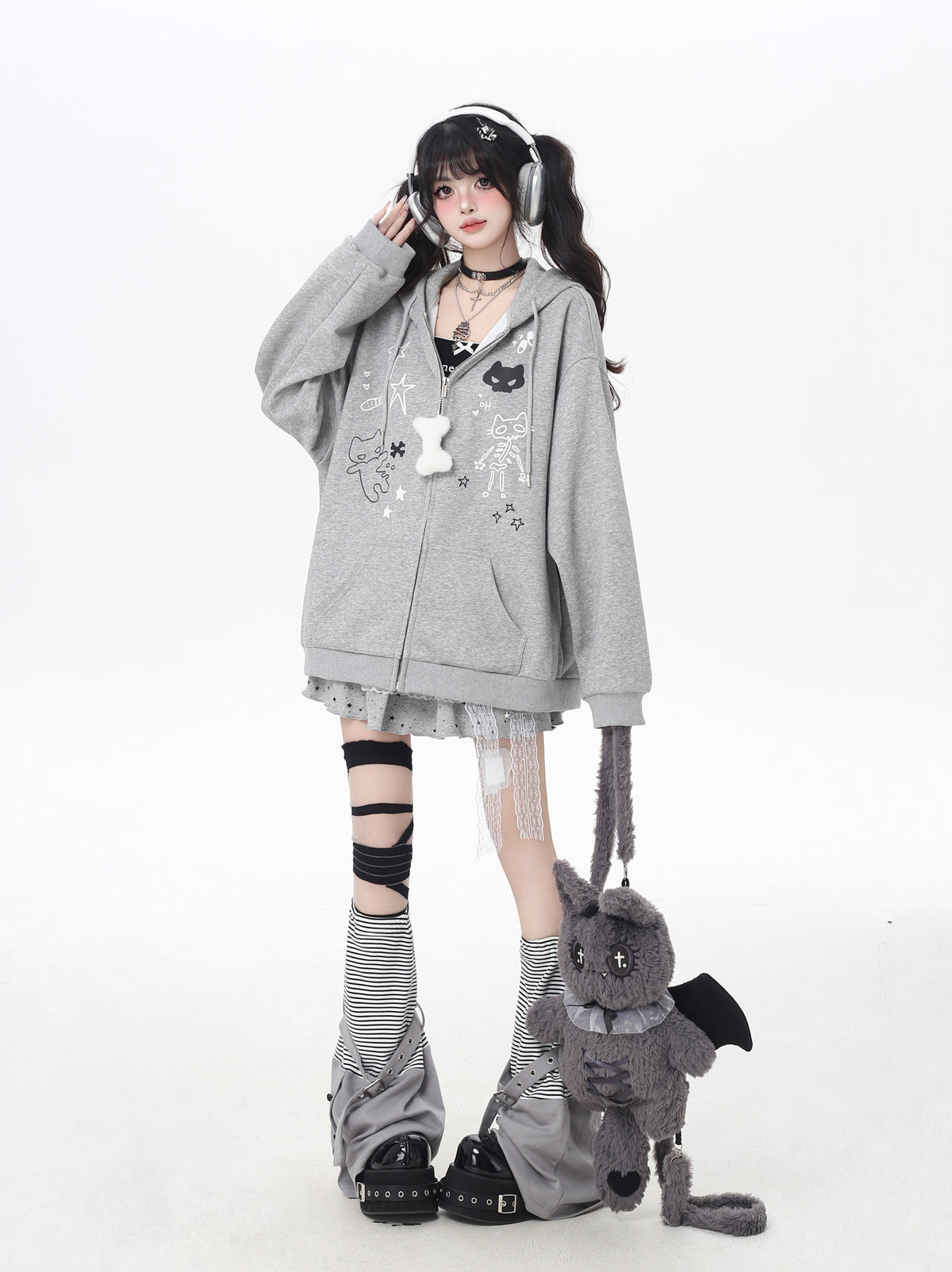 Cat Ear Bow Graphic Zip Hoodie
