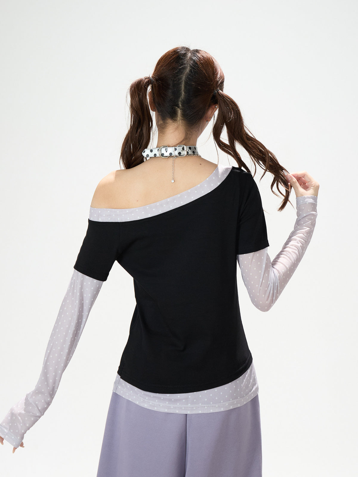 Star Melody Mesh-Layered Off-Shoulder Top & Embroidered Wide-Leg Jeans