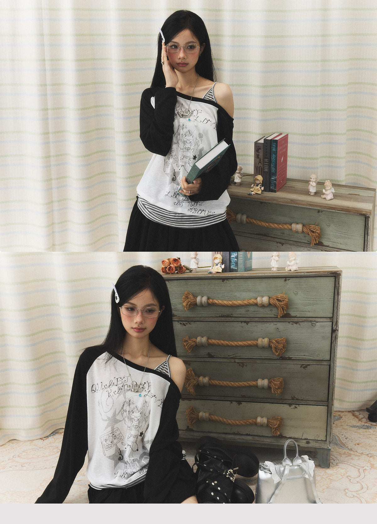 Anime Girl Asymmetric Layered Long Sleeve Top