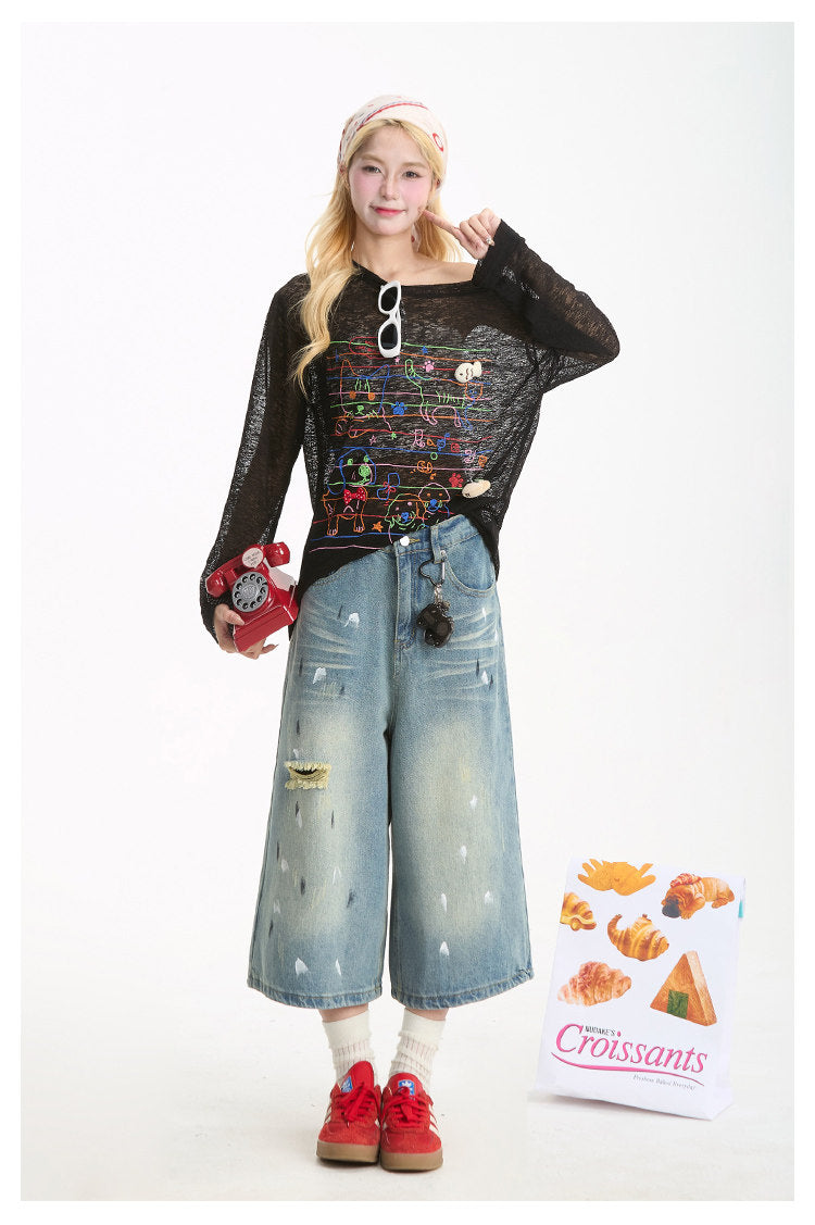 Cat & Puppy Sheer Graphic Long Sleeve Top