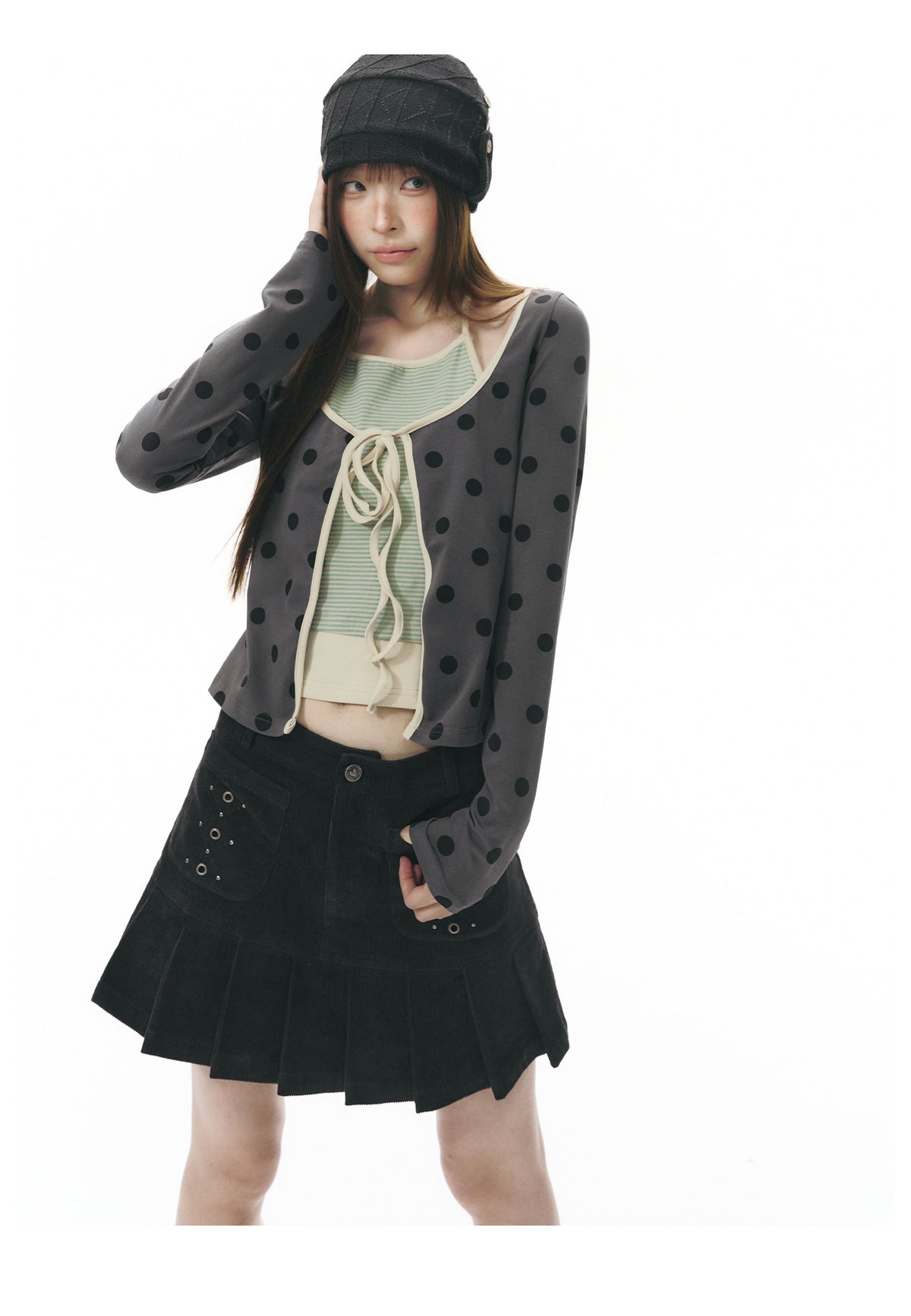 Polka Dot Tie-Front Layered Halter Long Sleeve Top