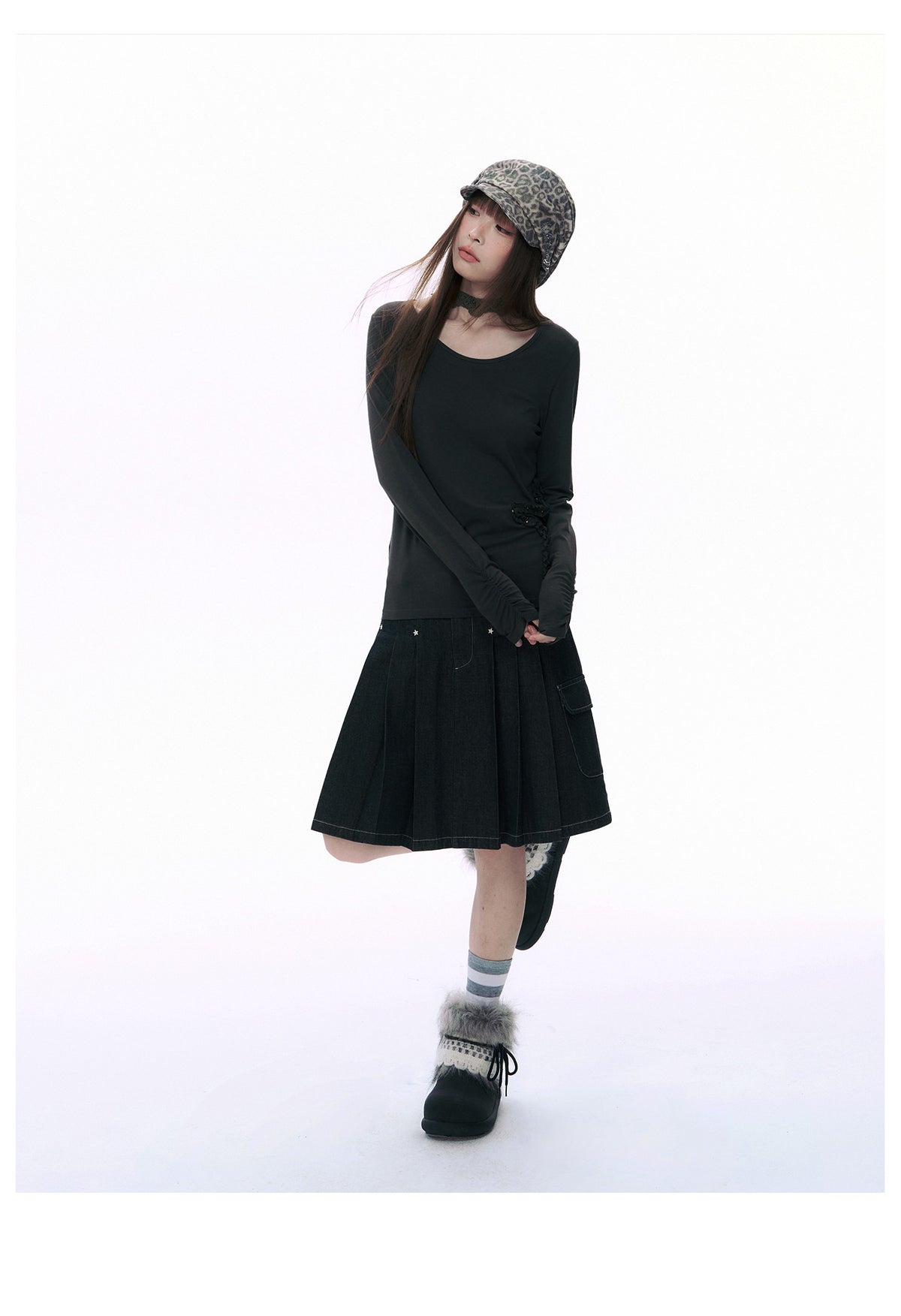 Embroidered Star Pleated Denim Midi Skirt