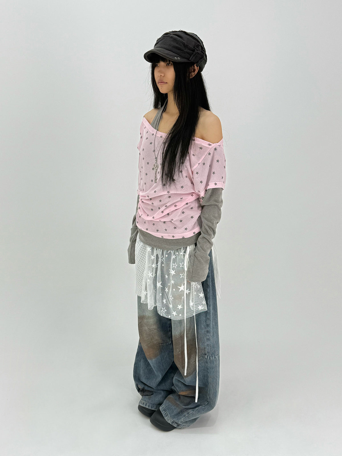 Star Print Faux-Layered Off-Shoulder Long Sleeve Top