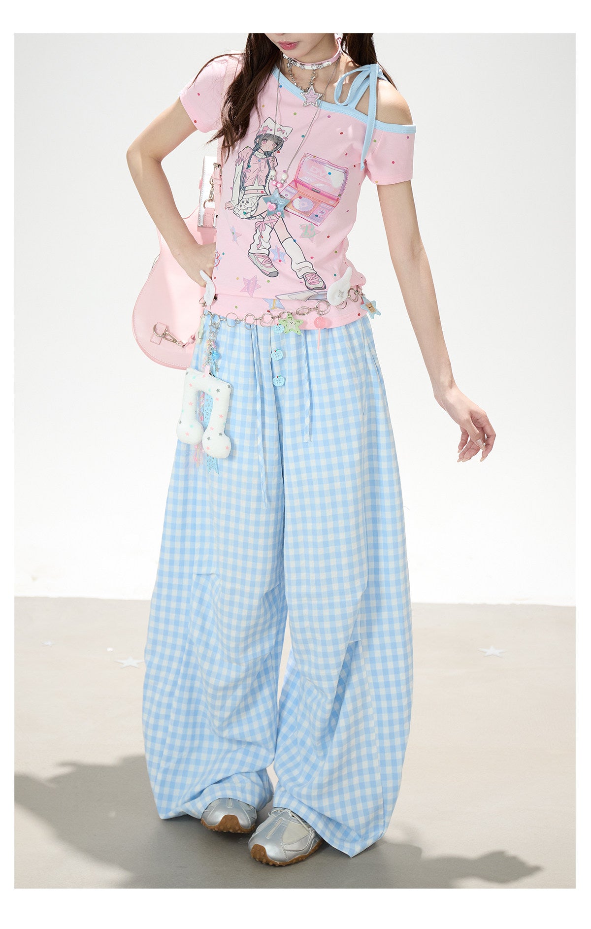 Gingham Oversized Wide-Leg Cargo Pants