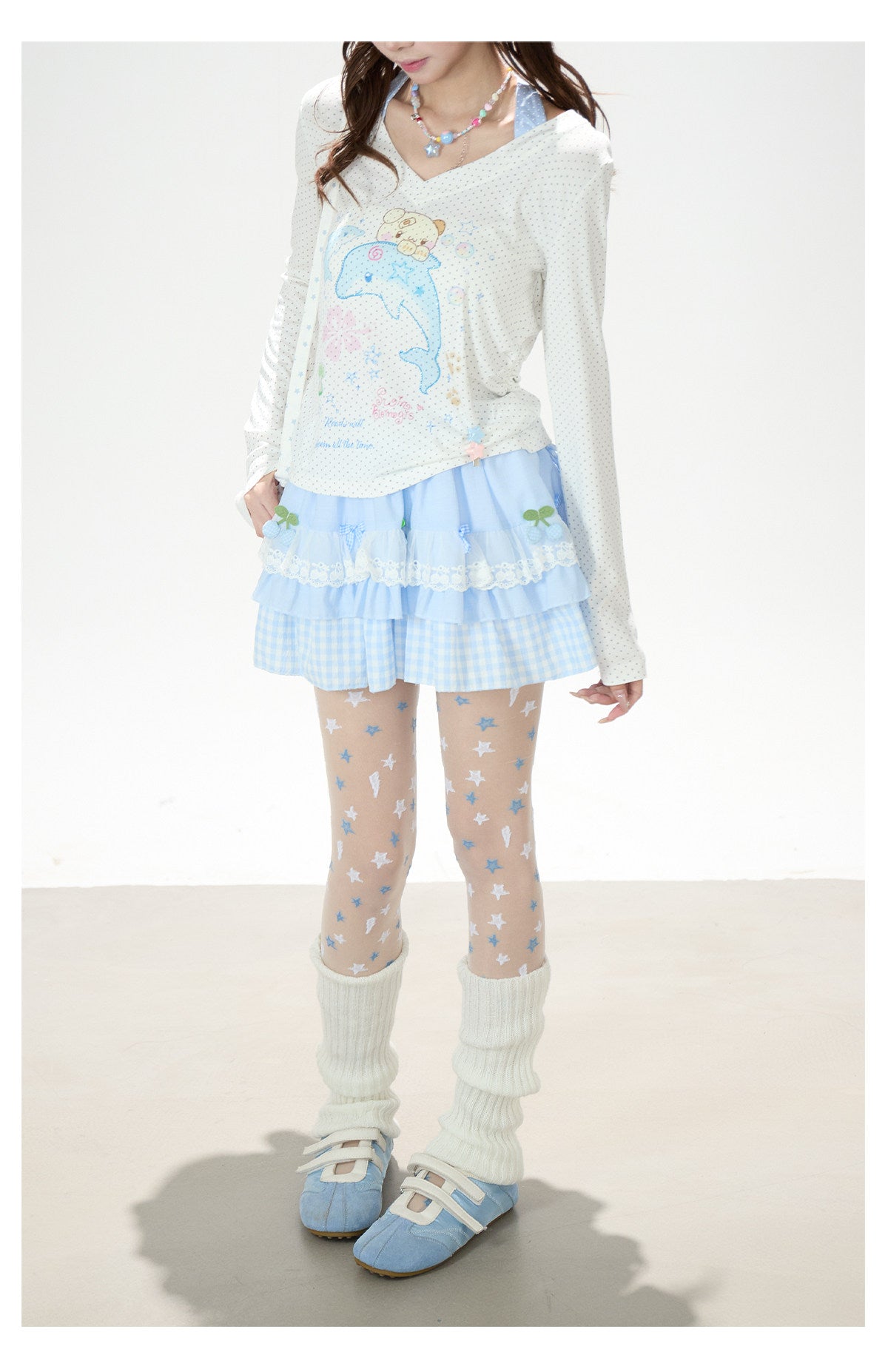 Dreamy Dolphin Polka-Dot V-Neck Long Sleeve Top & Gingham Ruffle Mini Skirt