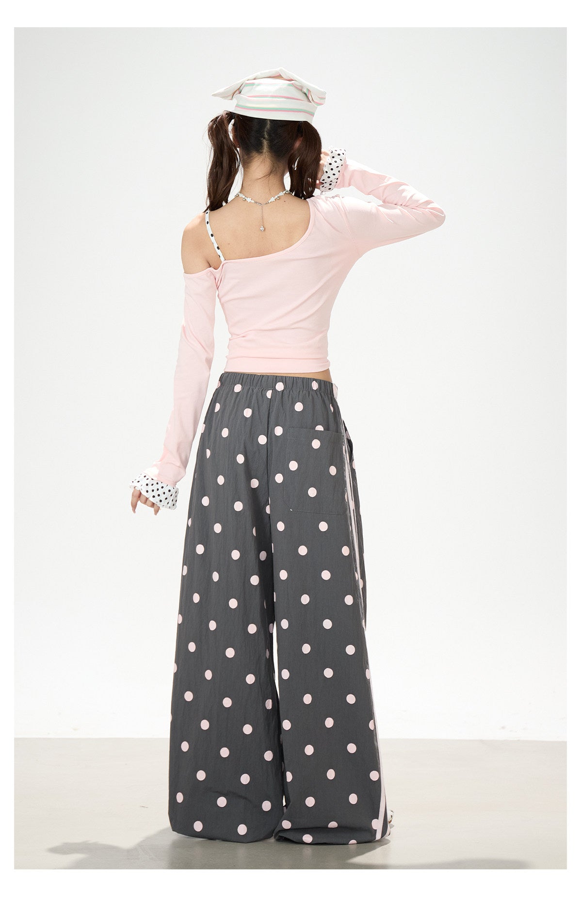 Dreamy Cartoon Off-Shoulder Layered Long Sleeve Top & Polka Dot Wide-Leg Pants
