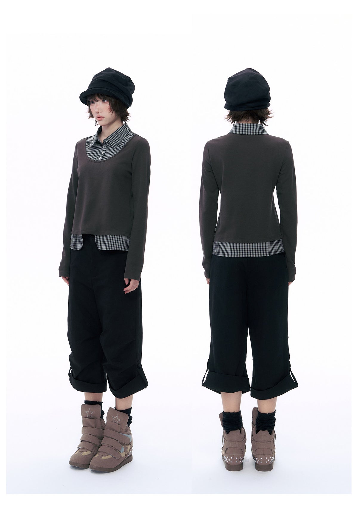 Plaid Collar Faux-Layer Long Sleeve Top