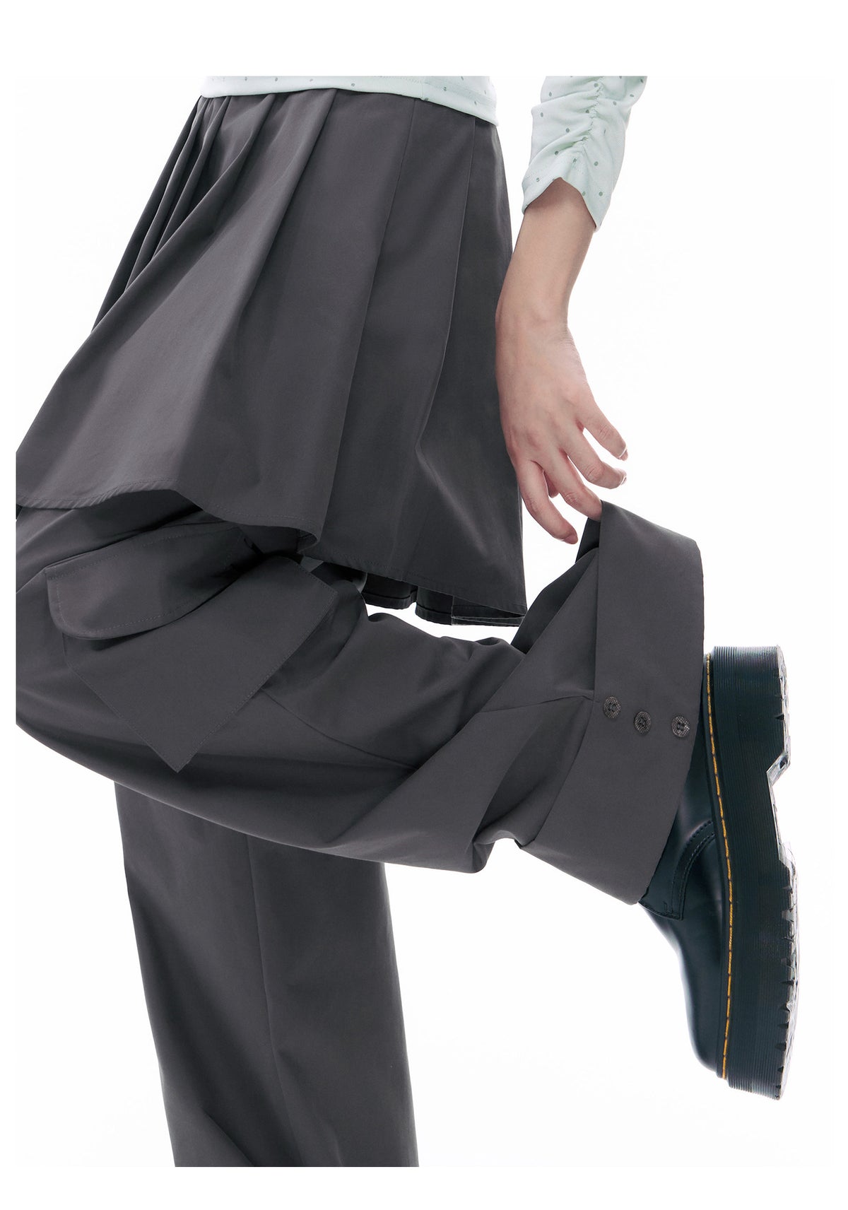 Pleated Skirt-Overlay Cargo Wide-Leg Pants