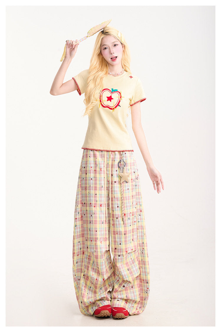 Embroidered Apple Contrast-Stitch Fitted Tee
