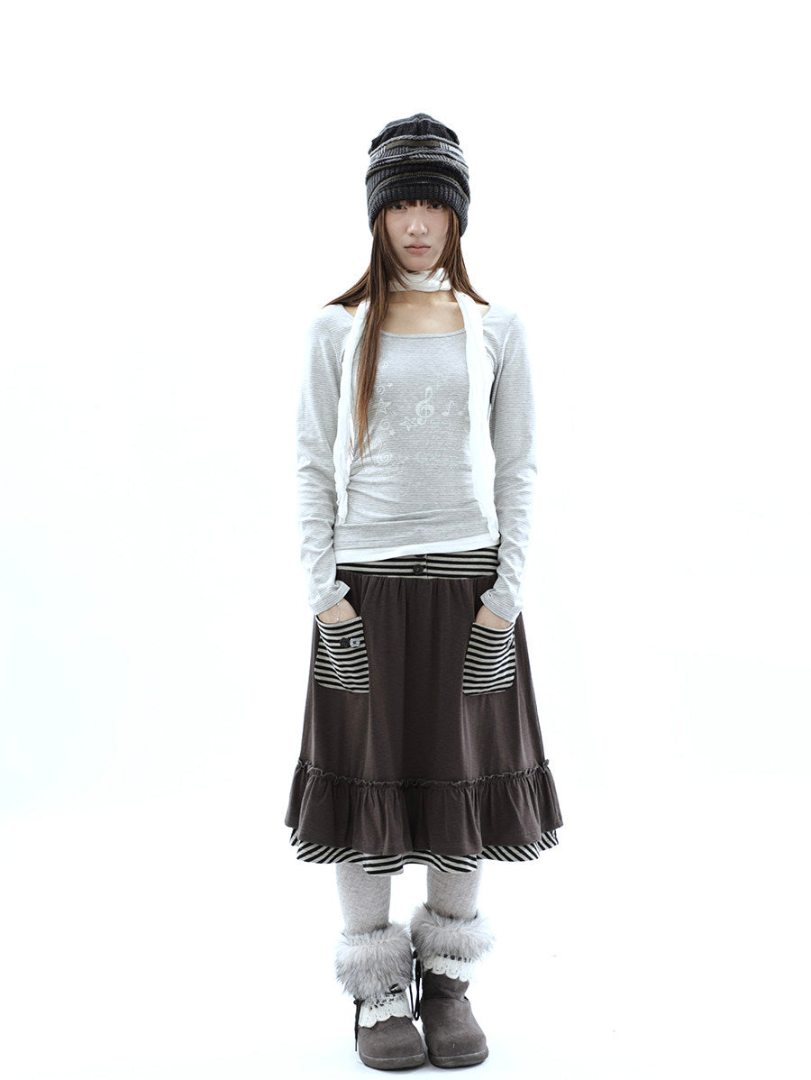 Music Note Striped Layered Long Sleeve Top with Scarf