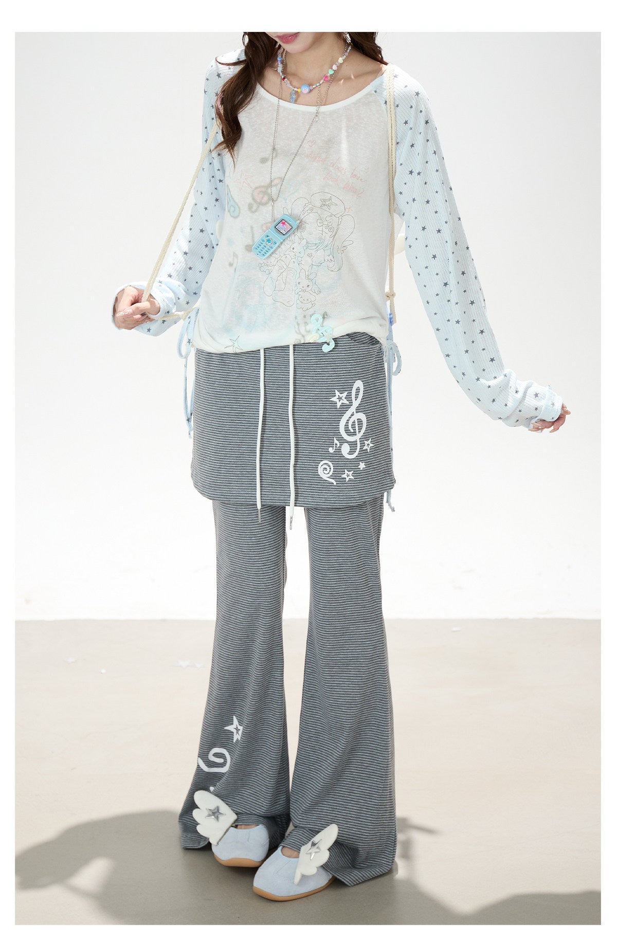 Dreamy Star Raglan Long Sleeve Top & Gray Striped Star Flare Pants