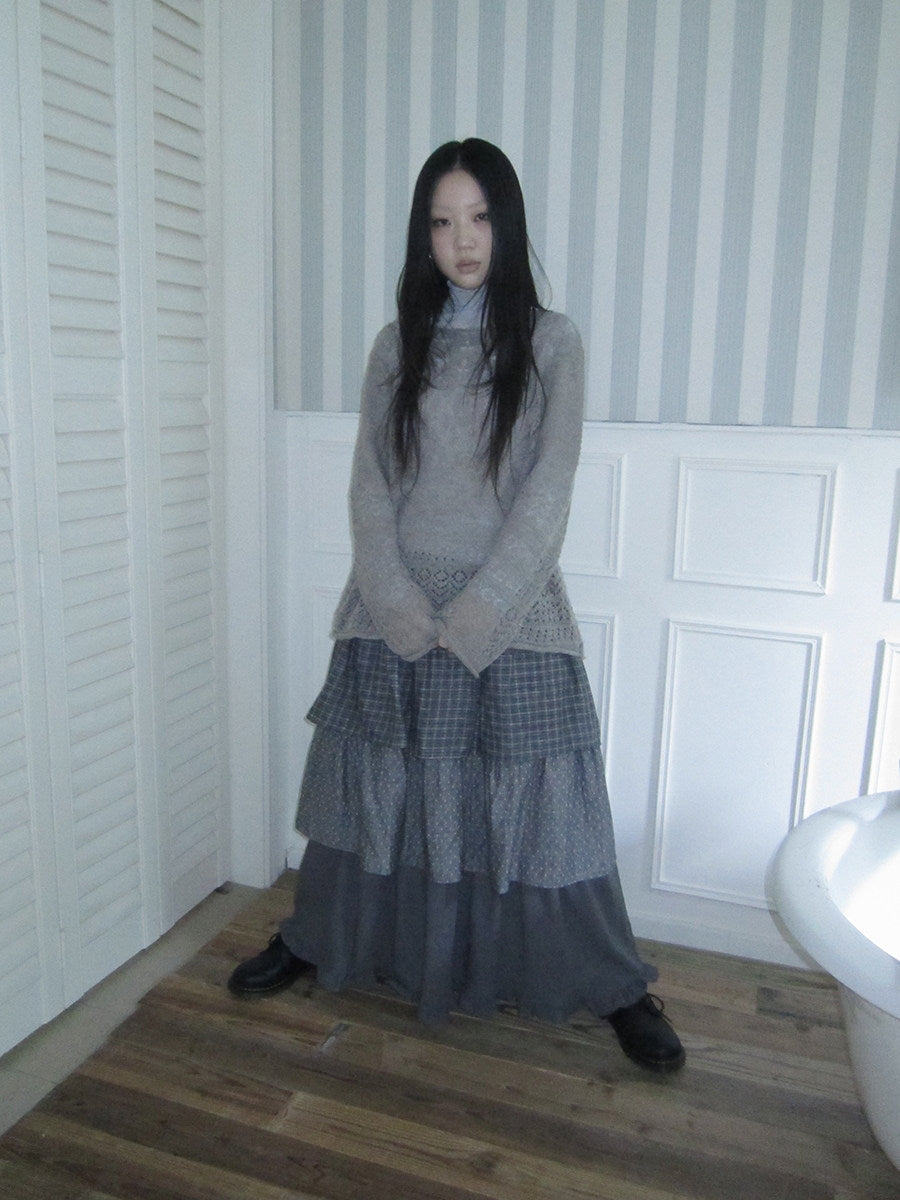 Layered Plaid & Polka Dot Tiered Maxi Skirt