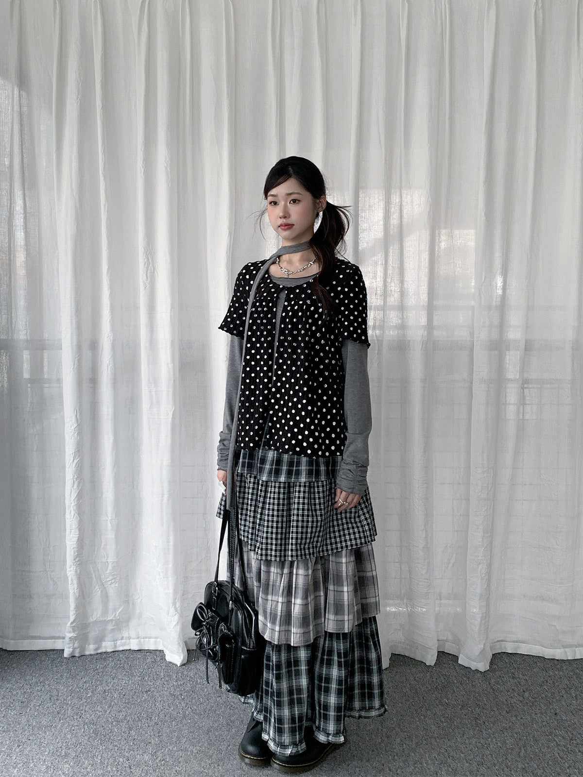 Polka Dot Layered Scarf Long Sleeve Top