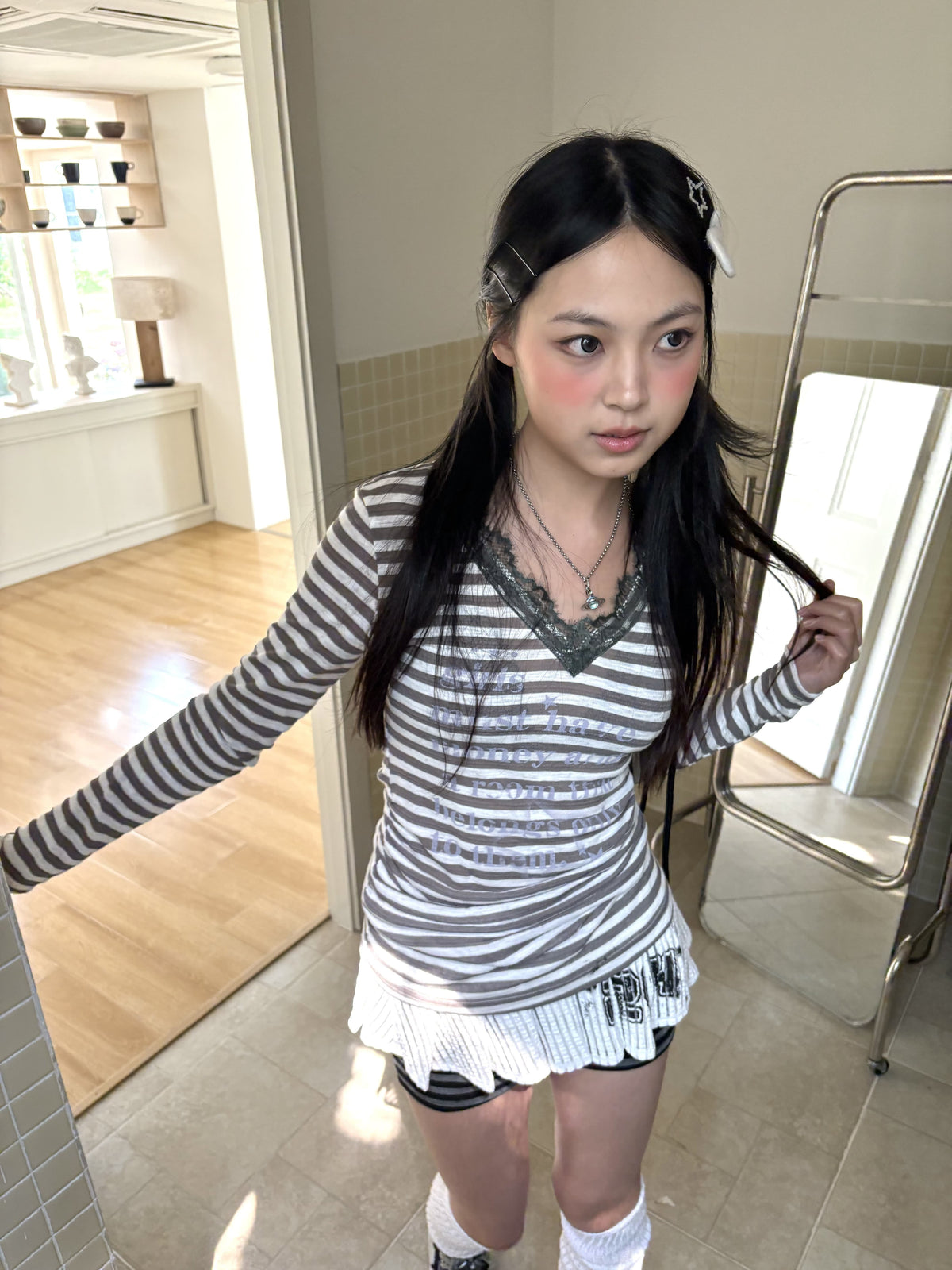 Gray Stripe Lace V-Neck Graphic Long Sleeve Tee
