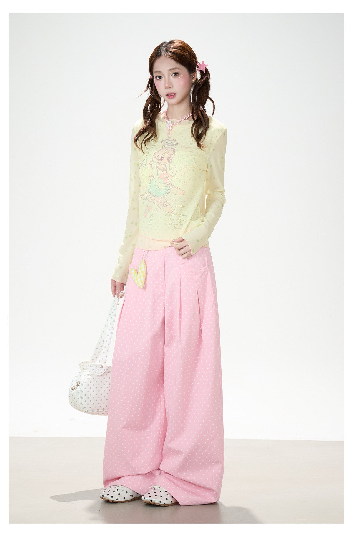 Anime Star Polka-Dot Mesh Long Sleeve Top & Bunny Graphic Wide-Leg Jeans