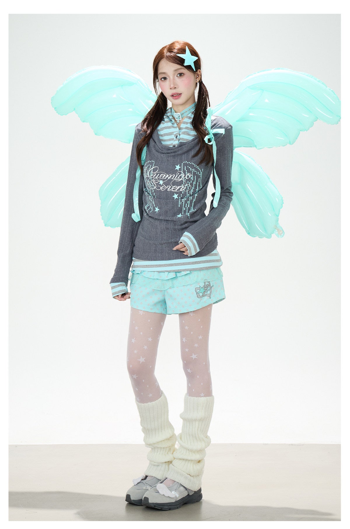 Angel Wing Graphic Hooded Stripe Layered Long Sleeve Top