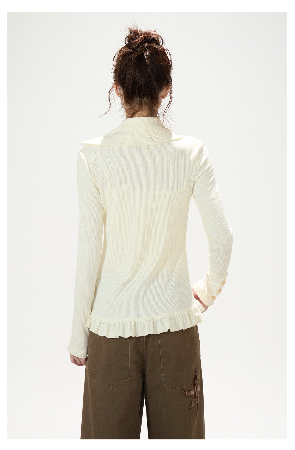 Star Patch Ruffle-Hem Collared Cardigan & Brown Plaid-Cuff Wide-Leg Pants