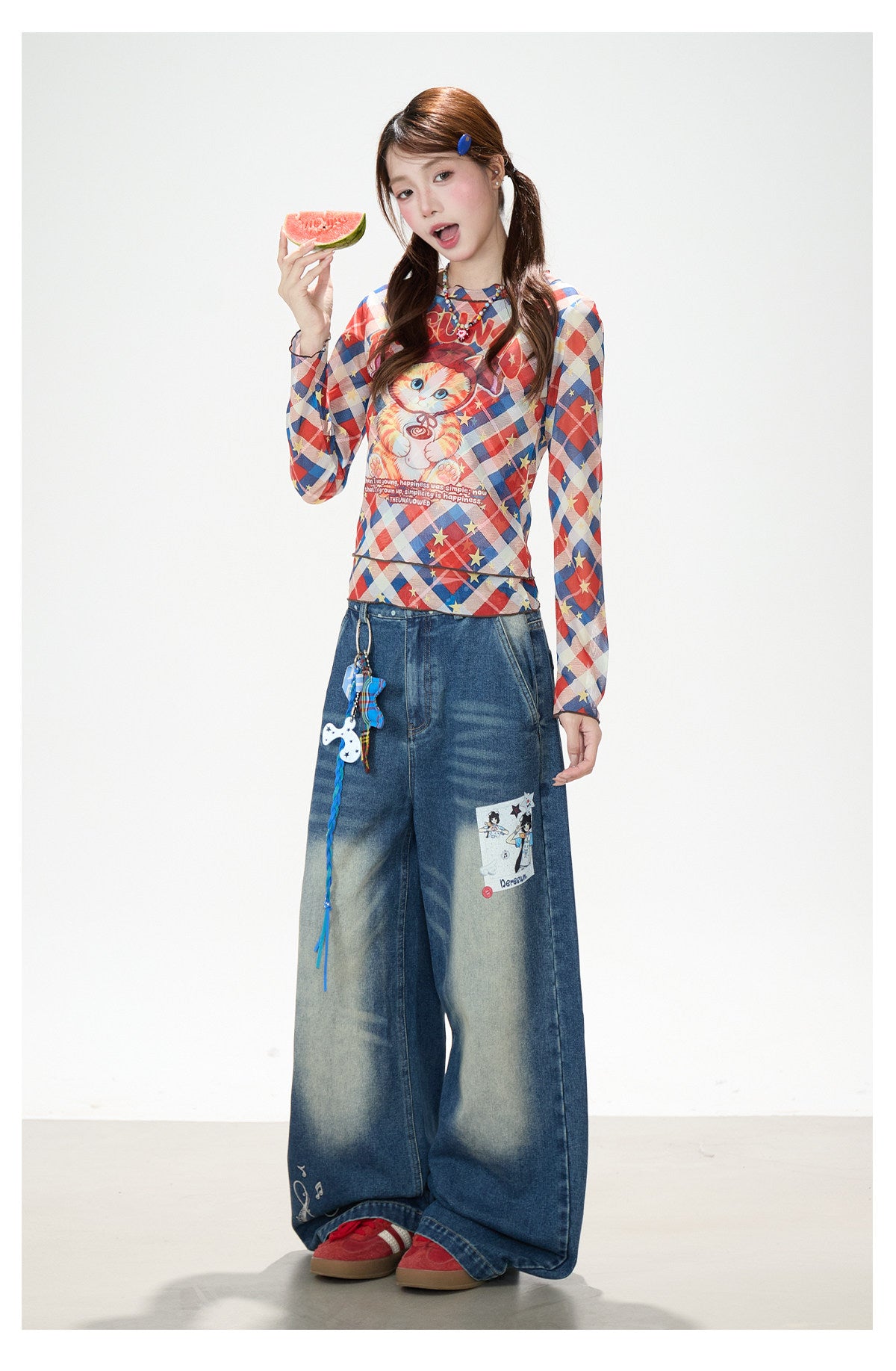 Cartoon Patch Washed Wide-Leg Jeans
