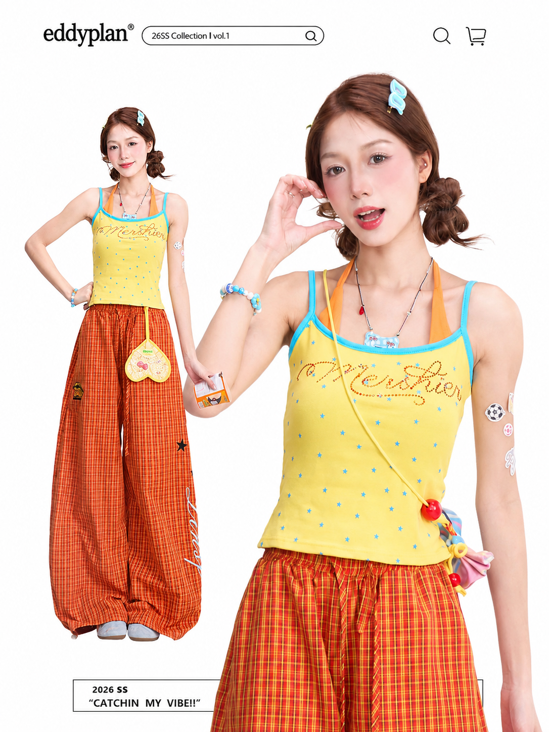 Starry Rhinestone Halter Cami & Plaid Wide-Leg Pants
