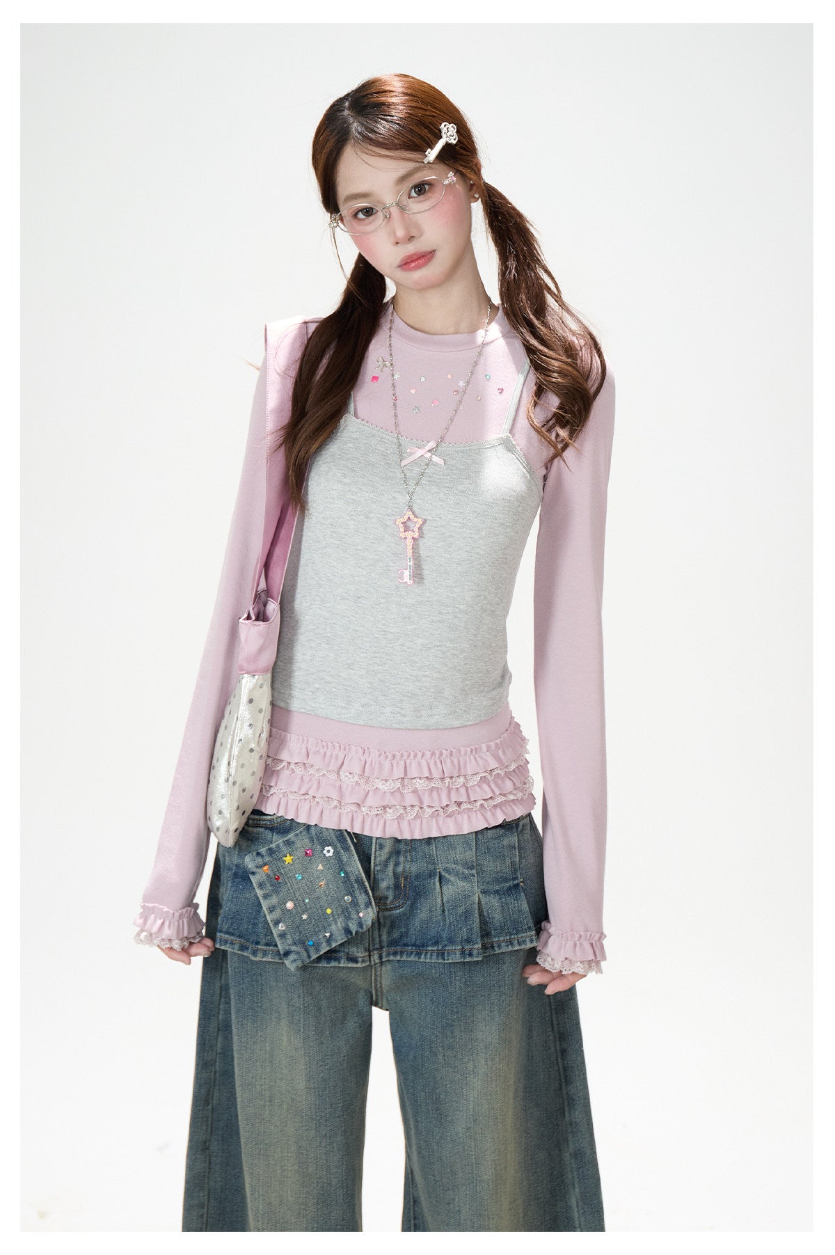 Gray Pink Layered Lace Ruffle Long Sleeve Top