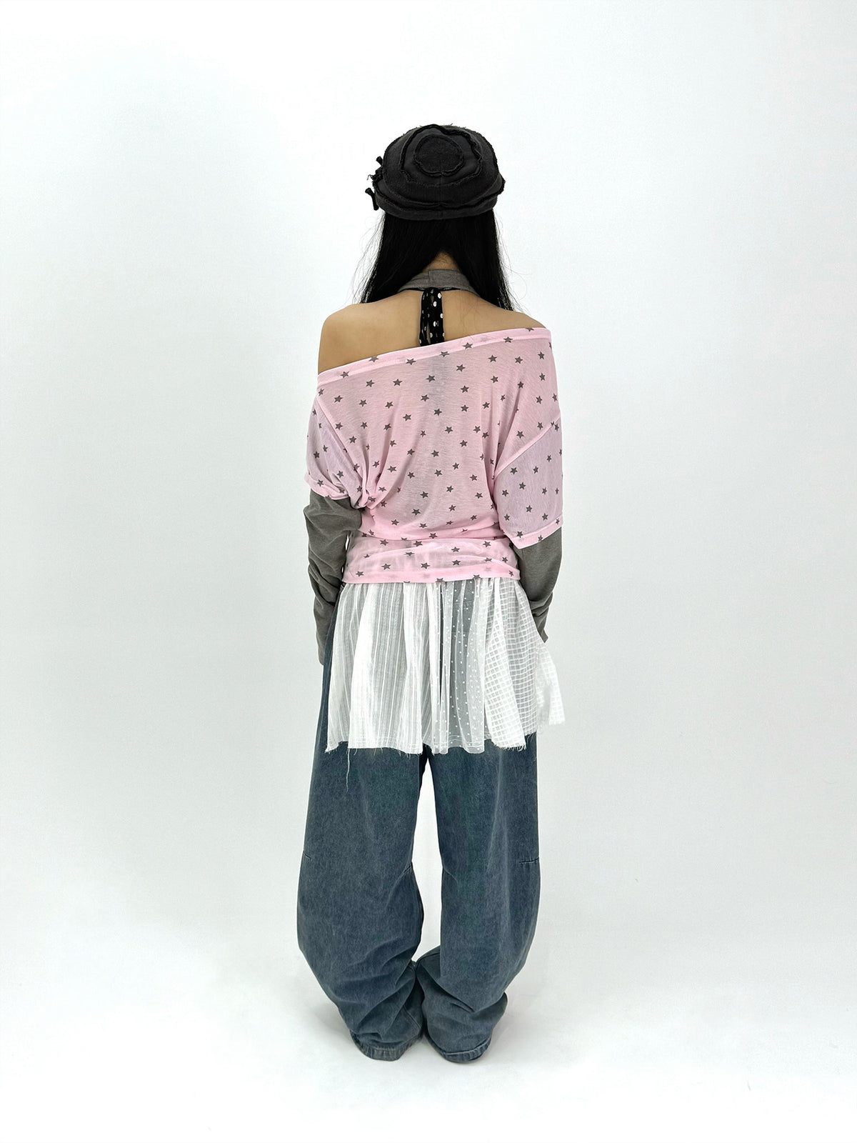 Star Print Faux-Layered Off-Shoulder Long Sleeve Top