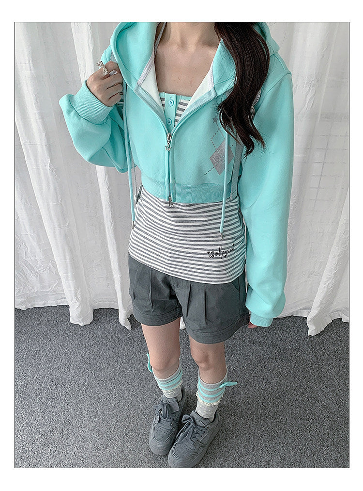 Striped Cami & Cropped Zip Hoodie Two-Piece Set