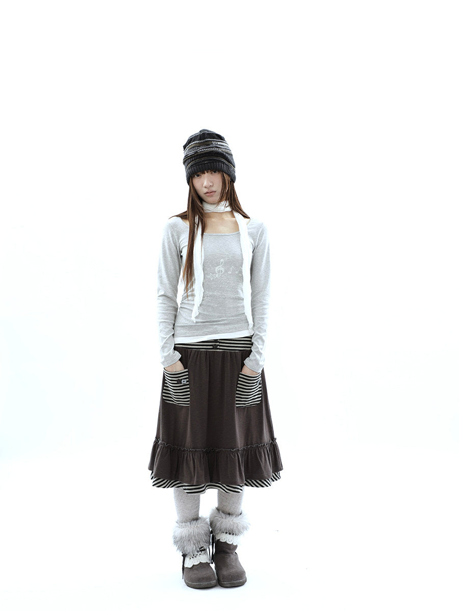 Music Note Striped Layered Long Sleeve Top with Scarf